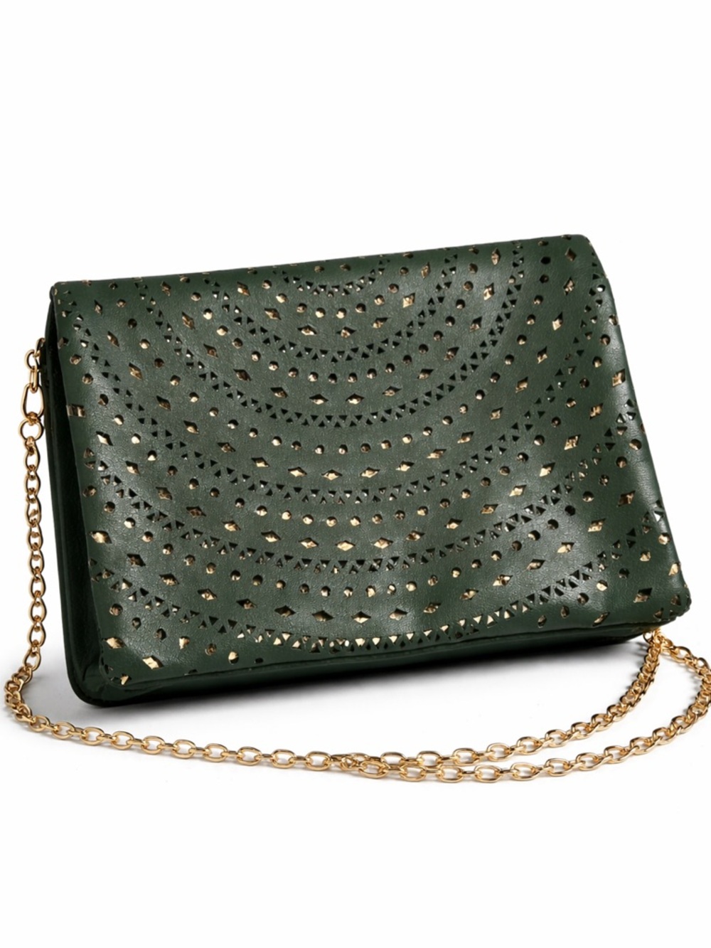 Elegant Emerald Green Laser Cut Gold Chain Strap Women's Crossbody Bag